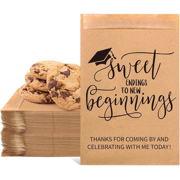 50Pcs Graduation Candy Cookie Treat Bags Sweet Endings to New Beginnings Congrats Grad Self-Adhesive Buffet Treat Kraft Paper Gift Bags for 2025 Class School Party Supplies?5 x 7.1 In