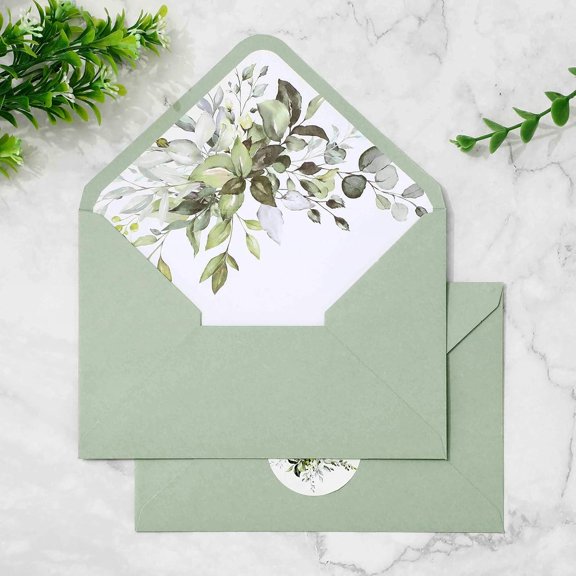 50Pcs Greenery Envelopes 5 x 7 Inch Watercolor Sage Green Eucalyptus Leaves Invitation Envelope with Sticker V-Flap Greeting Card Holders Gift Card Sleeves for Spring Wedding