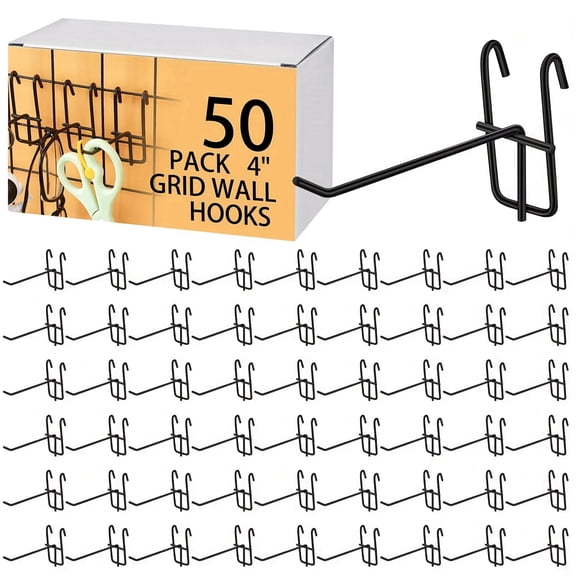 50Pcs Grid Wall Hooks, Black Gridwall Hooks for Hanging, 4 Inch Stainless Steel Mesh Panel Hooks for Garage Wall Organizer and Vendor Display, Easy Installation and Sturdy Design Shelf Hooks
