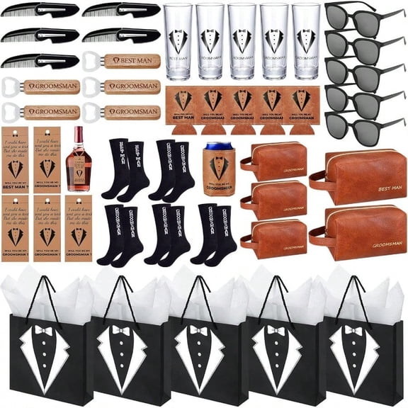 50Pcs Groomsmen Gifts Groomsmen Proposal Box With Shot Glasses Socks Sunglasses PU Leather Toiletry Bag Bottle Opener Can Cooler Groomsman Gifts For Wedding Groomsmen Best Man Gift 50 Brown
