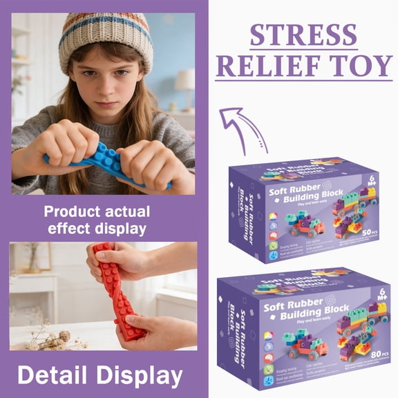 50Pcs Gummy Texture Flexible Building Bricks, BPA-Free Squishy Sensory Blocks for Desktop Stress Relief & Focus, Modern Desk Decor