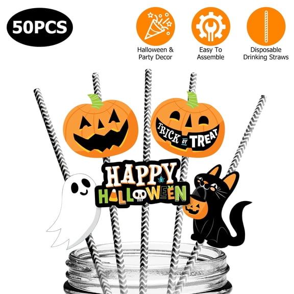 50Pcs Halloween Paper Straws Decor Disposable Party Drinking Straws with Stripe Ghost Pumpkin Trick Or Treat Black Cat Cards