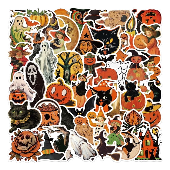 Vintage Halloween Stickers,Pumpkin Witch Vinyl Stickers,Scrapbooking Stickers for Water Bottle,Laptop,Phone,Hard Hat,Bumper,Gifts for Adult(50 PCS)