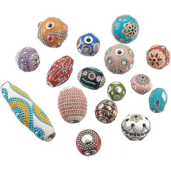 50Pcs Handmade Indonesia Beads Mixed Shapes Mixed Color Handmade Indonesia Loose Beads with Metal Findings for Jewelry Making Findings DIY