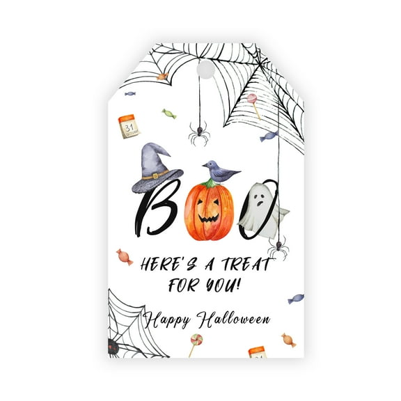 50Pcs Happy Halloween Tags with String, Personalized Halloween Tags, Kraft Paper Gift Tags, BOO with Pumpkin, Ghost, Bat, Witch Hat for Halloween Wrap Tags