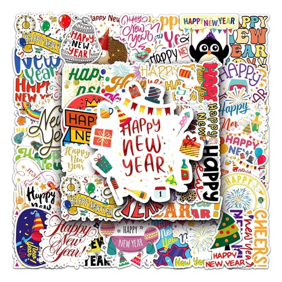 50Pcs Happy New Year Stickers, Colorful Graffiti Decorative English Stickers With Various New Year Patterns For New Year Party Decorations, Scrapbooking, Card Making, Gift