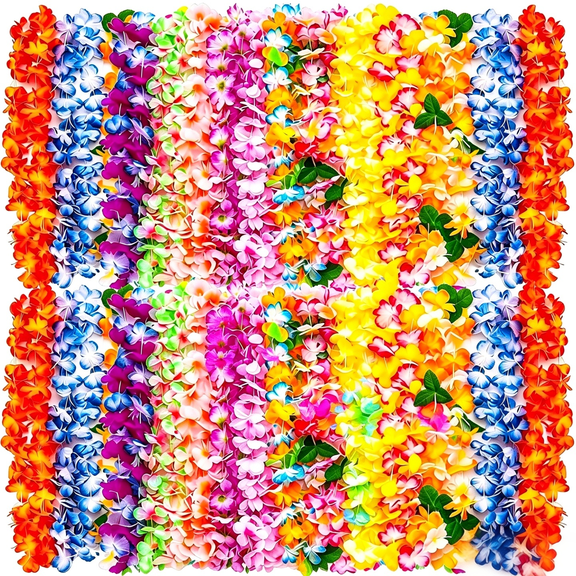 50Pcs Hawaiian Leis Bulk, Luau Party Silk Flower Necklace, Colorful Tropical Flower Leis for Hula Dance, Summer Beach Pool Party Decorations, Party Favors & Supplies