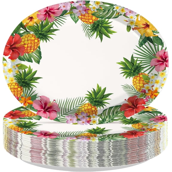 50Pcs Hawaiian Luau Paper Plates 10" x 12" Large Disposable Tropical Pineapple Heavy Duty Paper Platters Palm Leaves Flowers Dessert Plates for Summer Tropic Pool Hawaiian Birthday BBQ Party Supplies