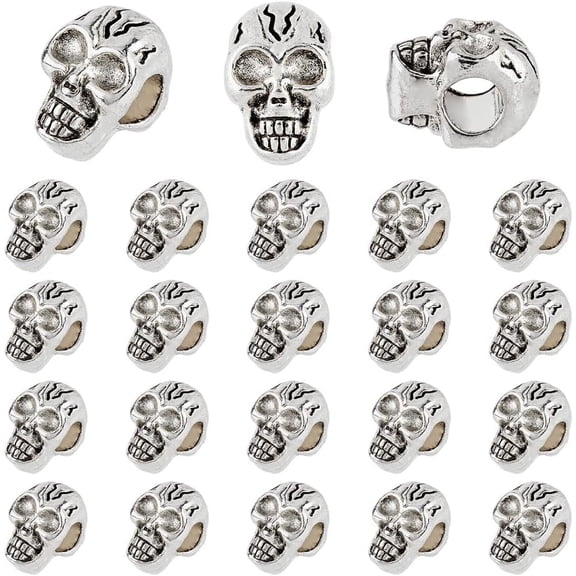 50Pcs Head Beads Silver Bone Spacer Beads Macroporous Skulls Metal Bead 5mm Large Hole European Bead for Jewelry Making Decor Silver DIY