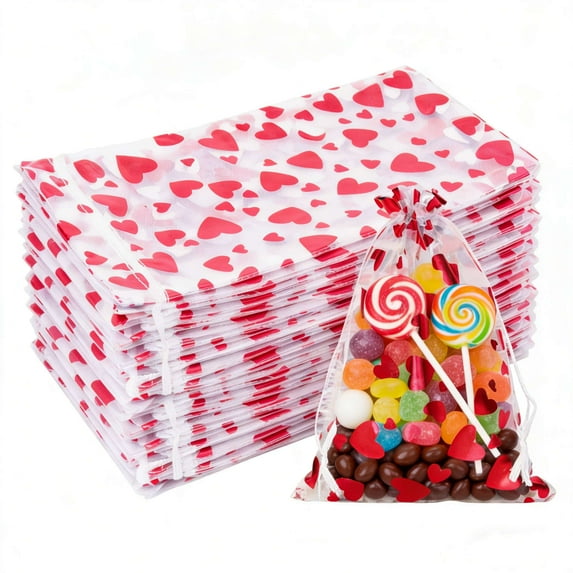 50Pcs Heart Organza Bags, 3x4in Organza Gift Bag, Drawstring Sheer Mesh Gift Bags, Mesh Jewelry Pouches, Candy Bag for Xmas, Mother's Day, Valentine's Day, Wedding Party Favors