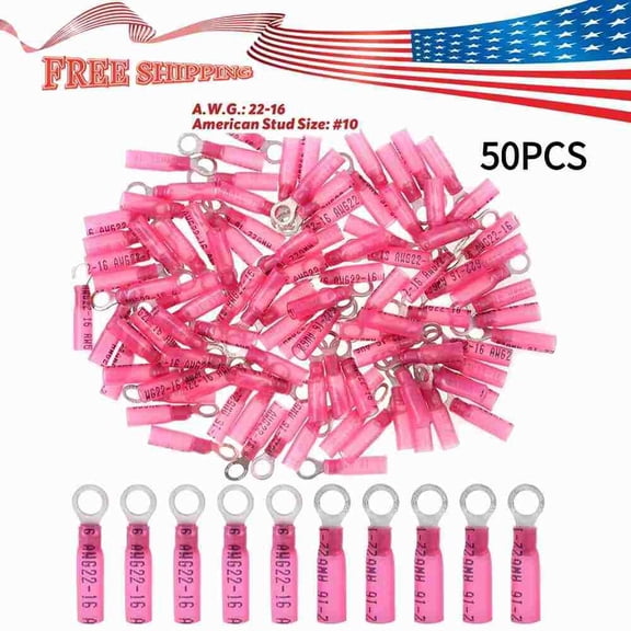50Pcs Heat Shrink Crimp Wire Solder Terminal #10 Stud 22-16AWG Connectors USA