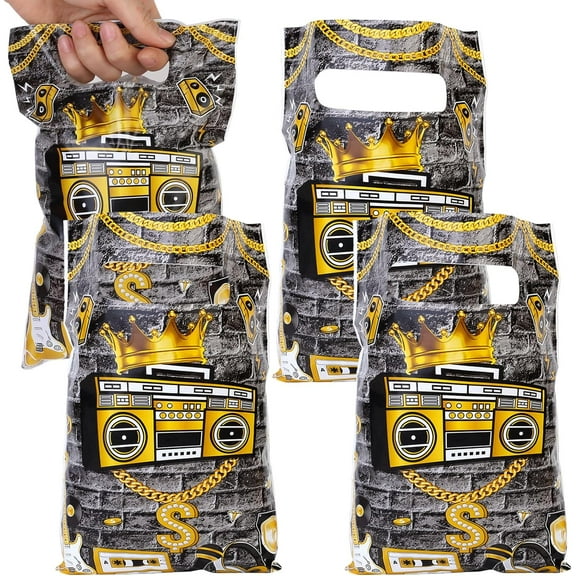 50Pcs Hip Hop Party Favor Bags, 80s 90s Party Favor Bags, Music Gift Candy Treat Goodie Plastic Bags with Handle for Retro Disco Sock Hop Notorious One Big Birthday Party Decor