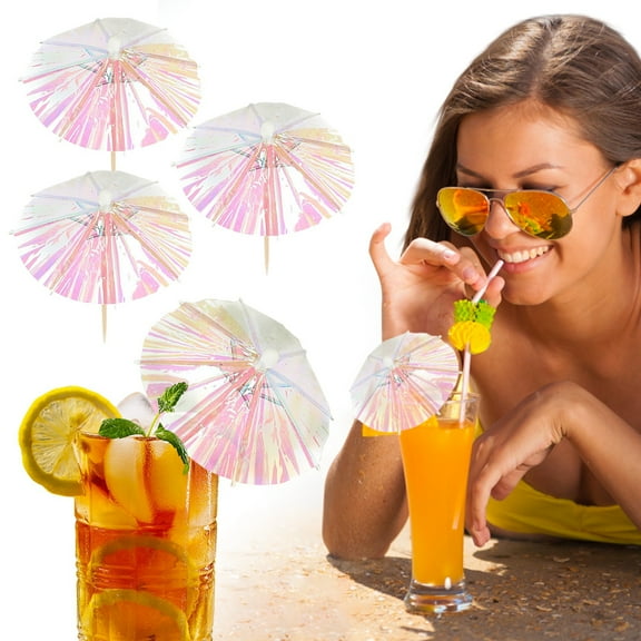 50Pcs Iridescent Umbrella Picks Cocktail Decor, Transparent Color Film Umbrella Toppers, For Tropical Party Decorations, Beach Themed Events, Luau Parties, Food Garnish, Drink