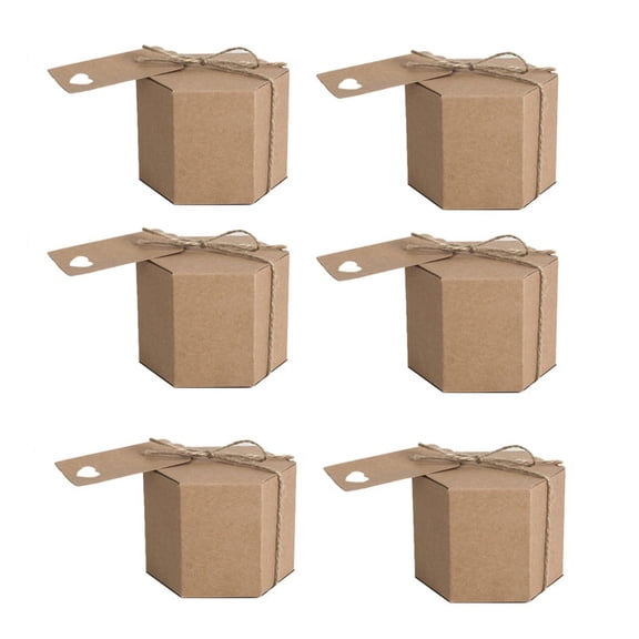 50Pcs Kraft Paper Candy Box, Hexagonal Carton Box Gift with Twine and Tag, Wedding Supplies