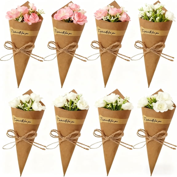 50Pcs Kraft Paper Cones, Small Bouquet Wrapping Paper Cones Wedding Confetti Candy Gift Flower Paper Cones Holder with Hemp Ropes for DIY Wedding Table Decor Party Gift Packaging, Brown