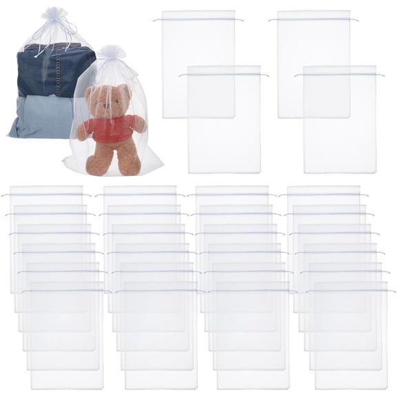 50Pcs Large Organza Drawstring Bags 13.5 x 19 Inches White Mesh Packing Bag Bulk Drawstring Gift Bags Pouches Clear Net Bag