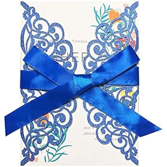 50Pcs Laser Cut Blue Wedding Invitation With Glitter Envelopes And Ribbons Blank Personalized Card Invitaciones Para quinceañera Birthday Baby Shower Christmas Party Bridal Shower