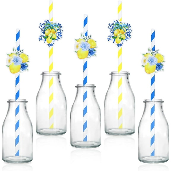 50Pcs Lemon Paper Straws, Lemon Birthday Party Decorations Blue Striped Drinking Straws for Lemon Baby Shower She Found Her Main Squeeze Bridal Shower Wedding Bachelorette