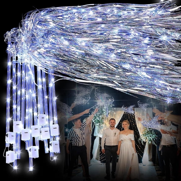 50Pcs Light Up Wedding Sparklers Wedding Wands Ribbon Streamers LED Silk Fairy Wands with Bells for Birthday Concert Raves