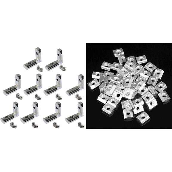 50Pcs M5 T Zin-Plated Carbon Steel T Sliding Nut with 20Pcs T Slot L-Shape Inside Corner Connector Joint Bracket,20 x L joints 40 x screws 50 x Sliding Nuts,Silver