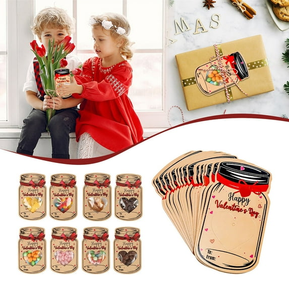 50Pcs Mason Jar Valentine Cards with Bags & Ties, 5.9x3.5 Inch Kraft Paper Candy Holders. DIY Heart Window Treat Gift Tags for Kids School Classroom Exchange, Rustic Party Favors