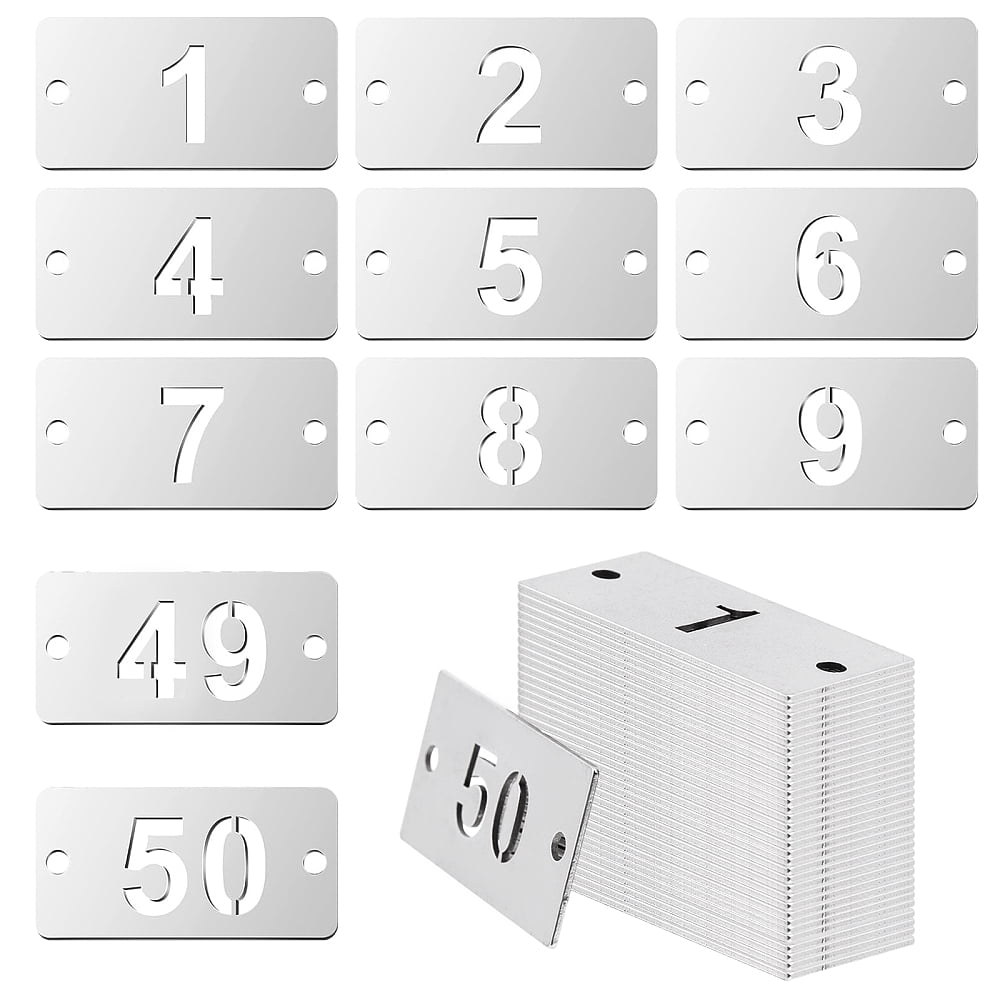 50Pcs Metal Numbered Tags 1-50 Stainless Steel Key Tags Rectangle Hollow Numbered Tags with Two Holes for Classify and Identify Items 1.57×0.78inch
