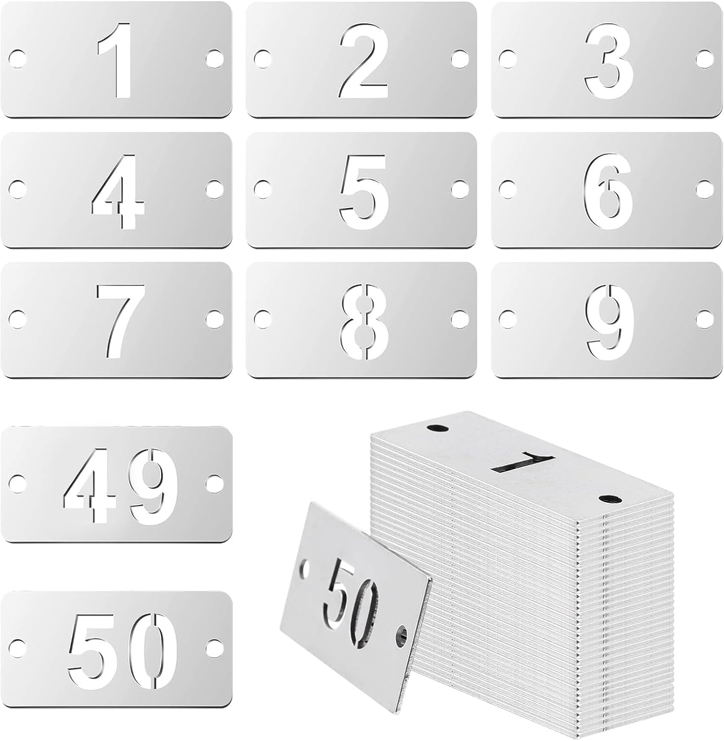 50Pcs Metal Numbered Tags 1-50 Stainless Steel Key Tags Rectangle Hollow Numbered Tags with Two Holes