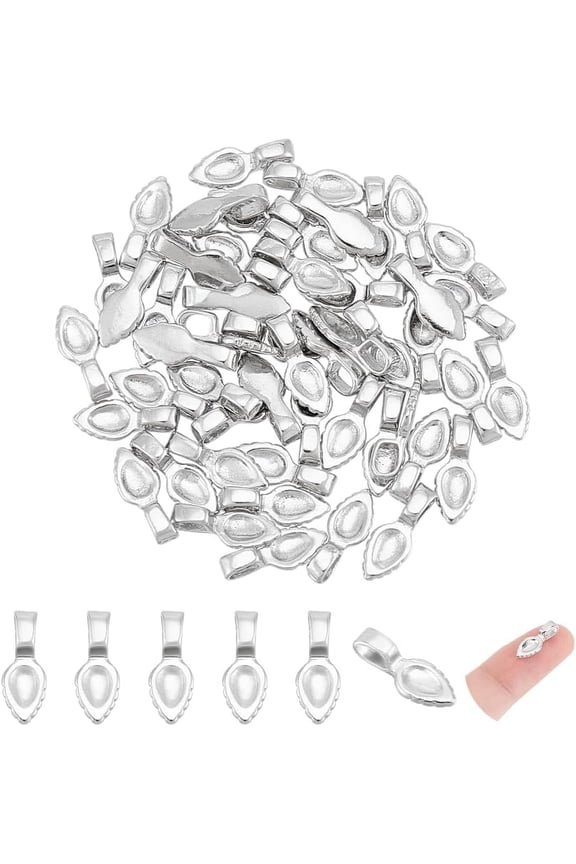 50Pcs Metal Pinch for Jewelry Making Bails Brass Glue-on Flat Pad Pendant Bails Platinum Blank Pad Charms Connector 4x2.5mm Hole for DIY Necklace Bracelet 14.5x5.5x4mm