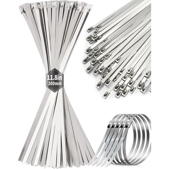 50Pcs Metal Zip Ties 11.8 inch 304 Stainless Steel Zip Ties, Heavy Duty Multi-Purpose Self-locking Metal Cable Ties for Machinery, Vehicles, Exhaust Wrap, Farms, Pipes, Roofs, Cables & Outdoor Fence