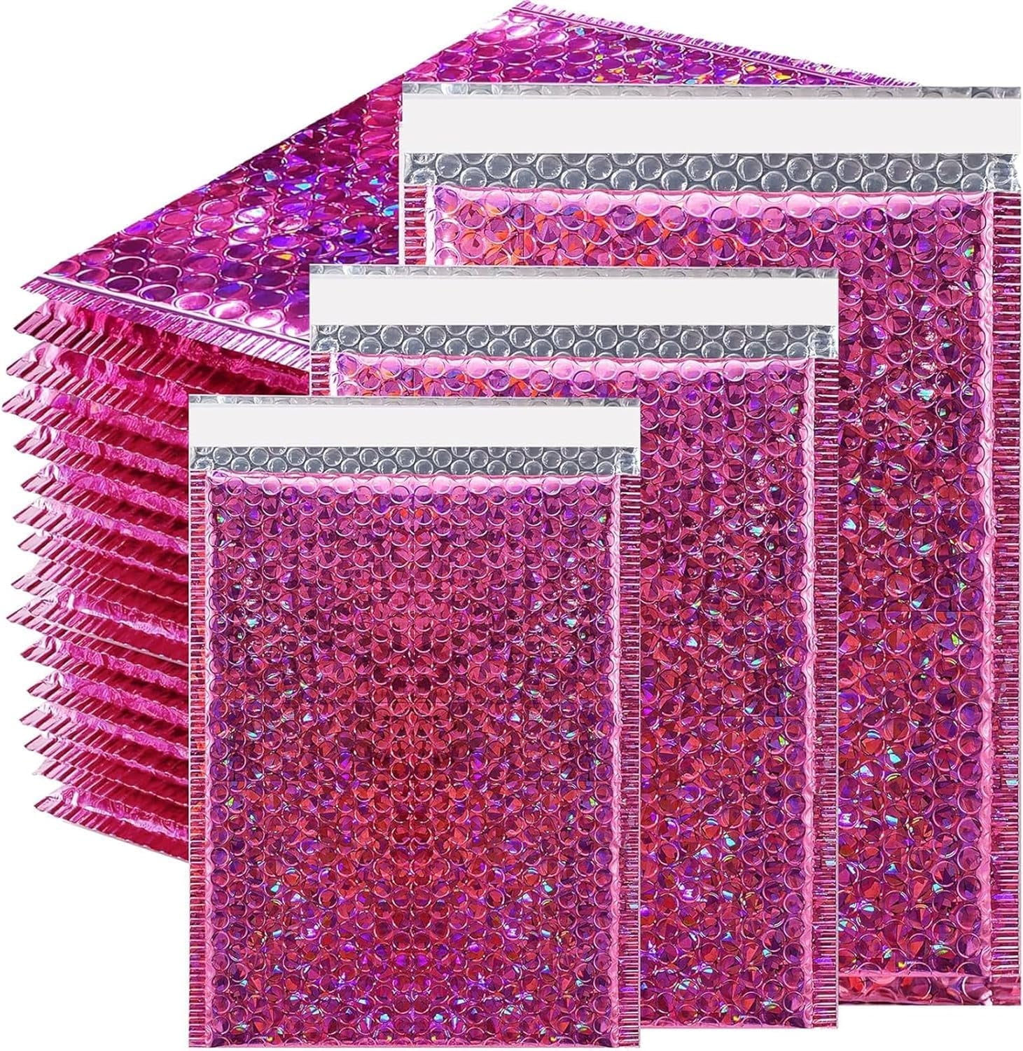 50Pcs Metallic Bubble Mailers,Waterproof Self Seal Adhesive Cushion Envelopes,Foil Glitter Shipping Mailer,Holographic Bubble Mailer for Mailing Packing Small Business,Thicken,3 Sizes,Rose Red