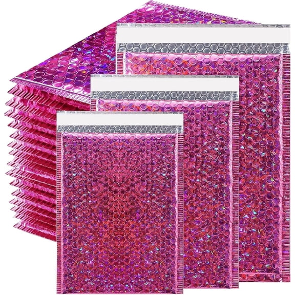 50Pcs Metallic Bubble Mailers,Waterproof Self Seal Adhesive Cushion Envelopes,Foil Glitter Shipping Mailer,Holographic Bubble Mailer for Mailing Packing Small Business,Thicken,3 Sizes,Rose Red