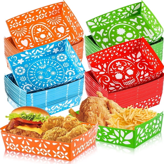 50Pcs Mexican Nacho Trays, Disposable Fiesta Party Snack Trays Taco Boats Paper Food Serving Plates for Mexican Fiesta Birthday Party Supplies (Requires Assembly)