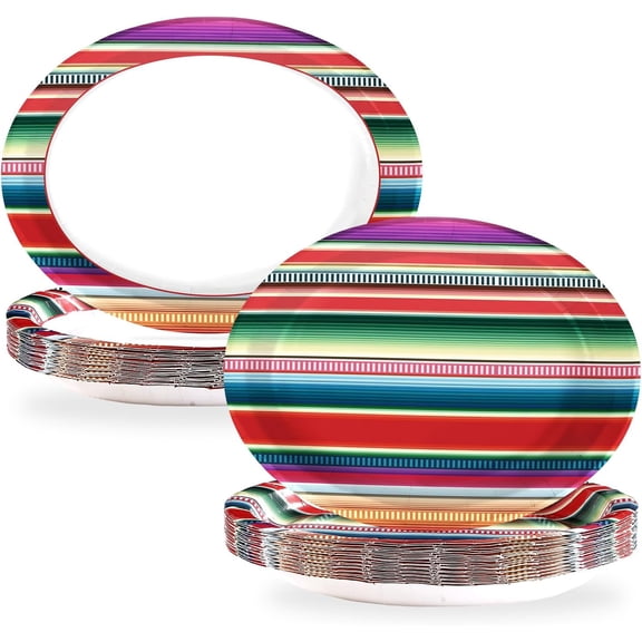 50Pcs Mexican Oval Paper Plates 10" x 12" Large Disposable Heavy Duty Mexico Striped Platters Colour Stripe Oval Plates for Platos De Barro Theme Birthday Barro Party Decorations