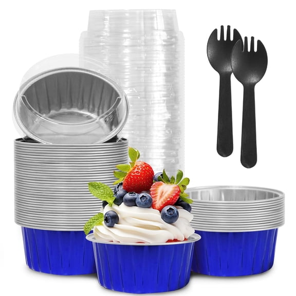 50Pcs Mini Aluminum Foil Cupcake,5oz Baking Cups with Lids,Mini Cake Pans Disposable,Loaf Pans with Lids,Disposable Ramekins,Tin Cups Containers for Cupcake,Pudding,Muffin,Cheesecake (Silvery)