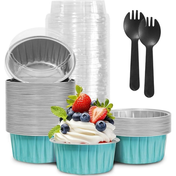 50Pcs Mini Aluminum Foil Cupcake,5oz Baking Cups with Lids,Mini Cake Pans Disposable,Loaf Pans with Lids,Disposable Ramekins,Tin Cups Containers for Cupcake,Pudding,Muffin,Cheesecake (Light Blue)