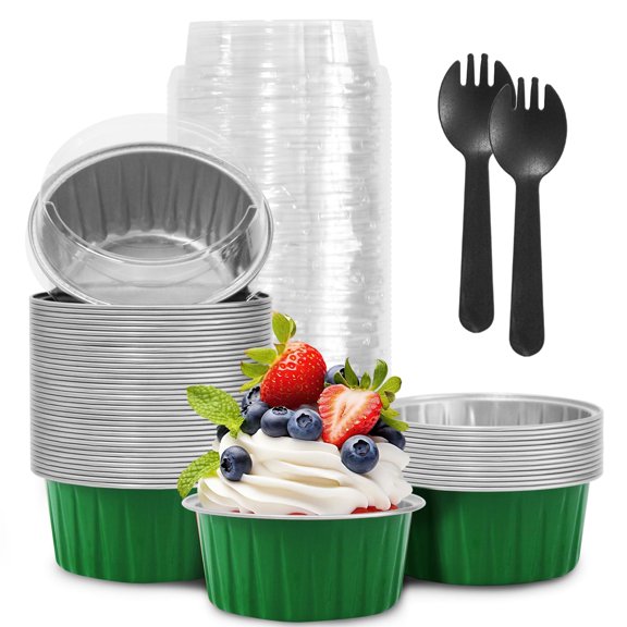 50Pcs Mini Aluminum Foil Cupcake,5oz Baking Cups with Lids,Mini Cake Pans Disposable,Loaf Pans with Lids,Disposable Ramekins,Tin Cups Containers for Cupcake,Pudding,Muffin,Cheesecake (Silvery)