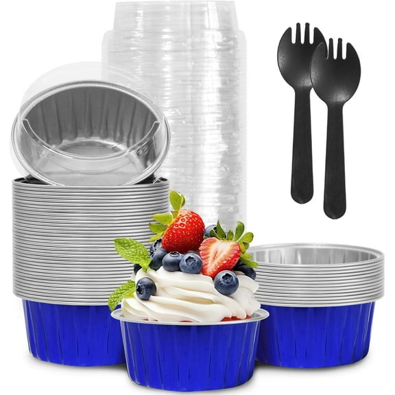 50Pcs Mini Aluminum Foil Cupcake Baking Cups, 5oz Disposable Mini Cake Loaf Pans with Lids, Ramekins, Tin Containers for Cupcakes, Muffins, Pudding, Blue, Perfect for 4th of July Party
