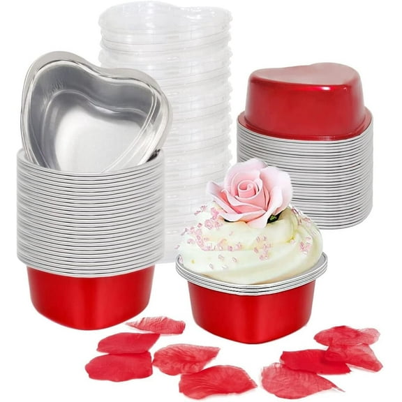 50Pcs Mini Aluminum Foil Heart Shaped Cake Pan with Lids for Baking, 100 ml/3.4 Oz Classic Red Disposable Cupcake Cup Muffin Liners Dessert Pudding Baking Cups for Valentine Wedding Birthday Party