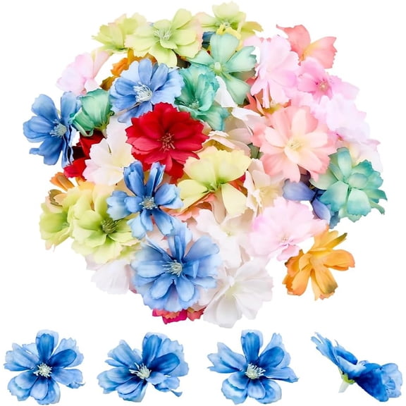 50Pcs Mini Flowers Artificial Flower Heads Bulk Cloth Fabric Multicolor 4.5cm Small Decorative No Stem Floral Heads Orange