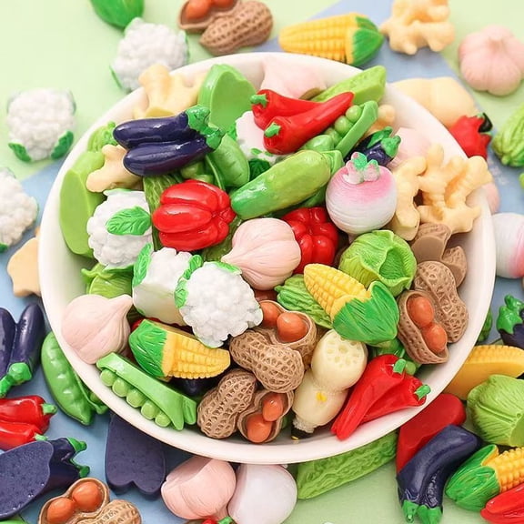 50Pcs Mini Fruit Vegetable Resin Figurines - Pumpkin, Corn, Chili Pepper, Peanut, Ginger for Tabletop Decor, Photography Props, Easter Egg Filler