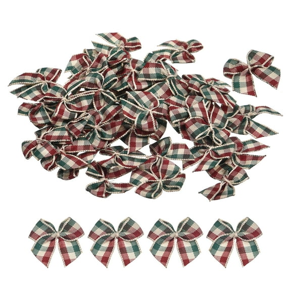 Uxcell 50Pcs Mini Gingham Ribbon Bow 1" Checkered Fabric Satin Ribbon Bows for Craft DIY Hair Dark Red Green Cream