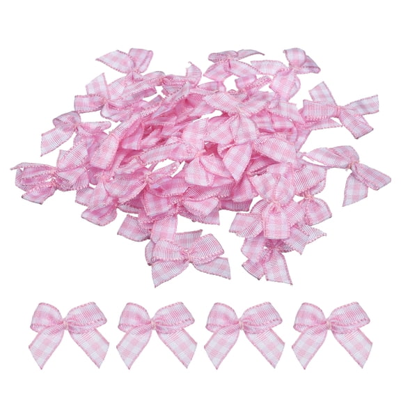 Uxcell 50Pcs Mini Gingham Ribbon Bow 1" Checkered Fabric Satin Ribbon Bows for Craft Bow Sewing Pink and White