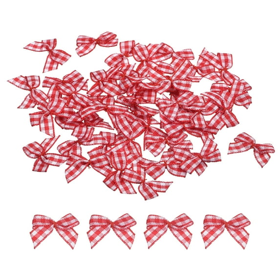 Uxcell 50Pcs Mini Gingham Ribbon Bow 1" Checkered Fabric Satin Ribbon Bows for Craft Bow Sewing Red and White