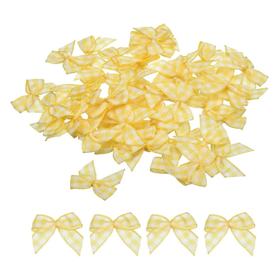 50Pcs Mini Gingham Ribbon Bow 1" Checkered Fabric Satin Ribbon Bows for Craft DIY Hair Yellow and White
