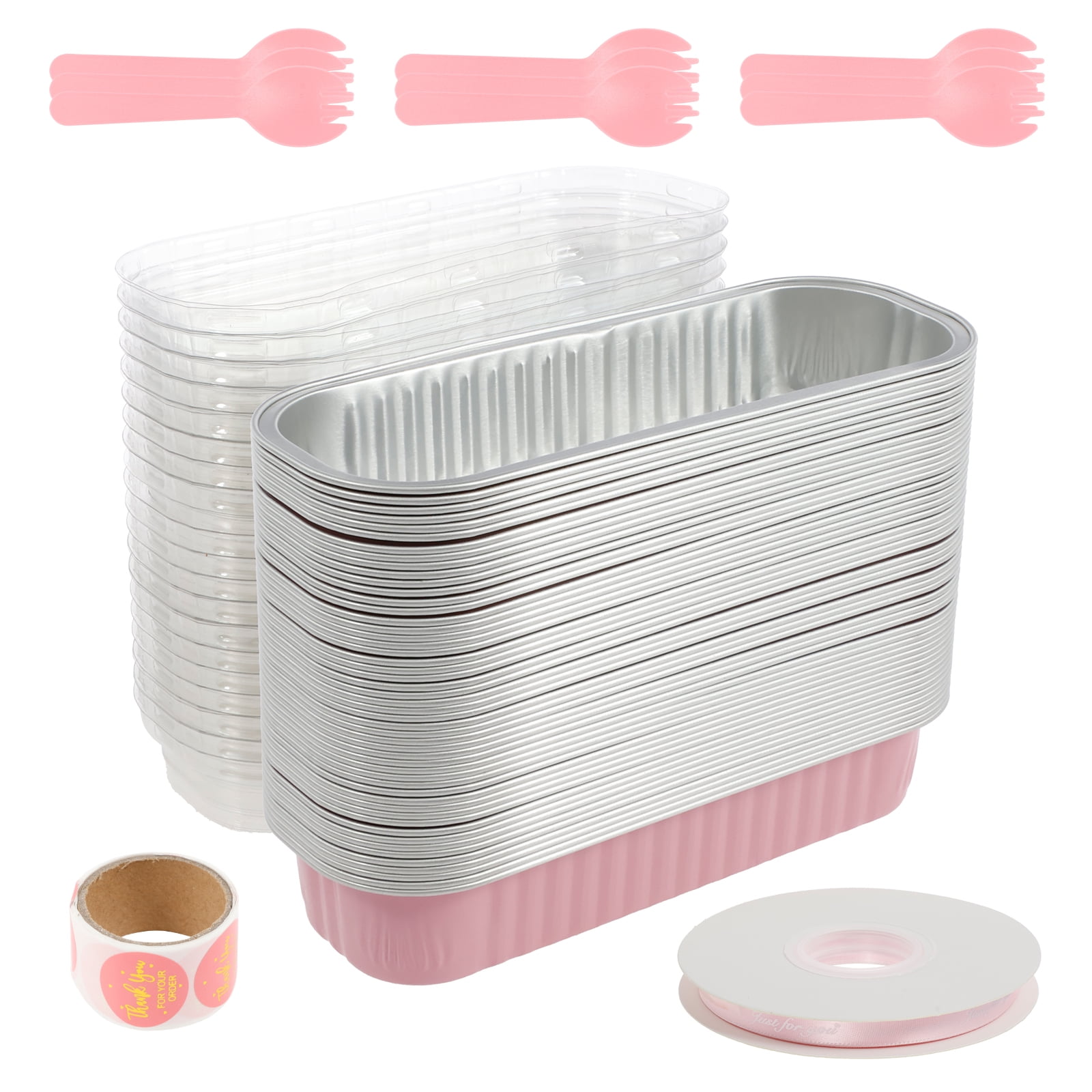 50Pcs Mini Loaf Pans with Lids Forks 200ml Aluminum Foil Cake Container Heat Resistant Mini Cake Pans Rectangle Cake Baking Cups Puddings Tin for Dessert Outdoor Picnic Party