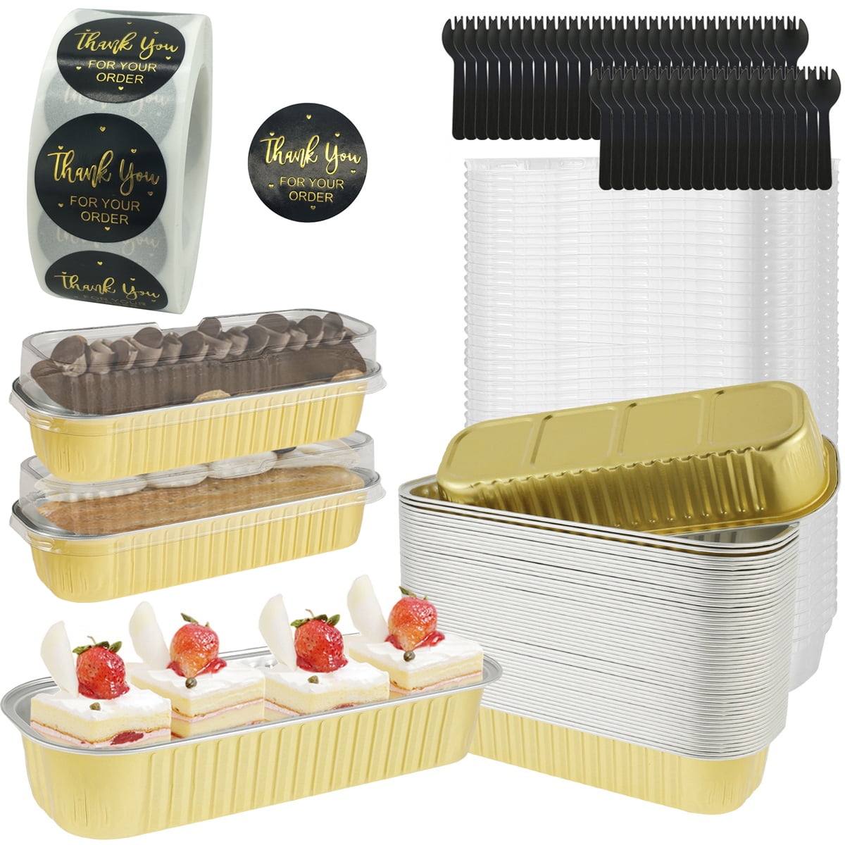 50Pcs Mini Loaf Pans with Lids and Spoons 6.8oz Rectangle Aluminum Foil