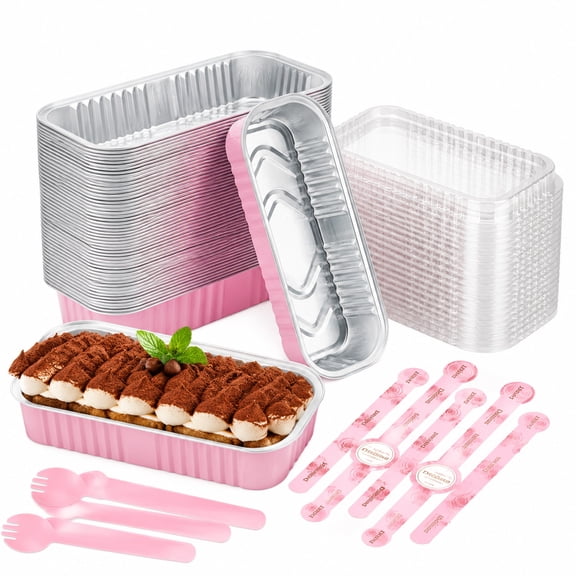 50Pcs Mini Loaf Pans with Lids and Spoons, Pink Aluminum Foil Baking Containers with Stickers, Disposable Dessert Pans for Pound Cakes, Bread Loaves, Cheesecakes, Treat Packaging