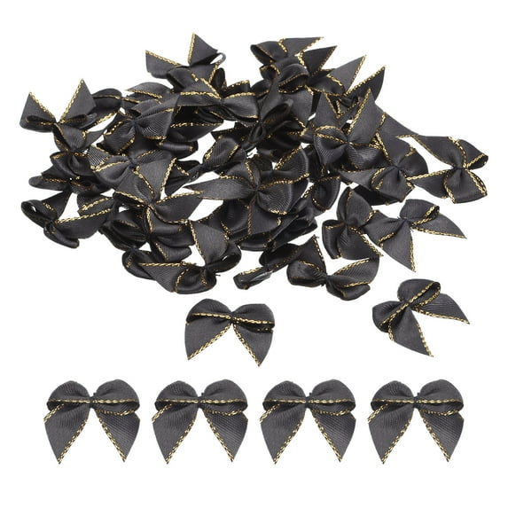 50Pcs Mini Metallic Edge Ribbon Bow 1" Satin Ribbon Flower Bows Soft Craft DIY Hair Bow Gold Edge Black