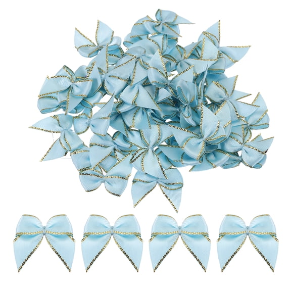 50Pcs Mini Metallic Edge Ribbon Bow 1" Satin Ribbon Flower Bows Soft Craft DIY Hair Bow Sewing Gold Edge Sky Blue