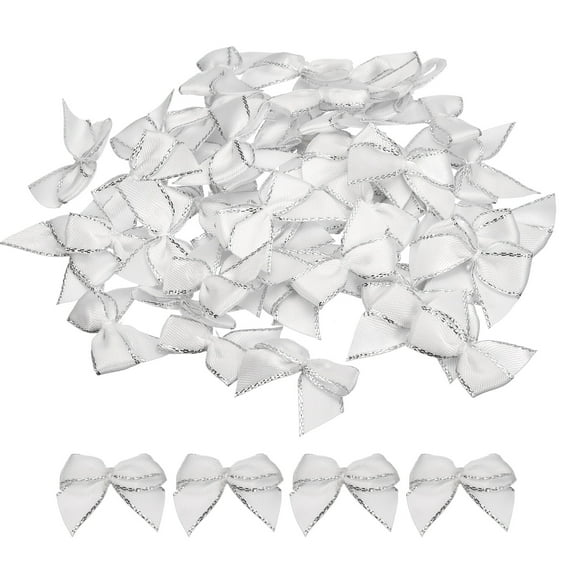 50Pcs Mini Metallic Edge Ribbon Bow 1" Satin Ribbon Flower Bows Soft Craft DIY Hair Bow Silver Edge White